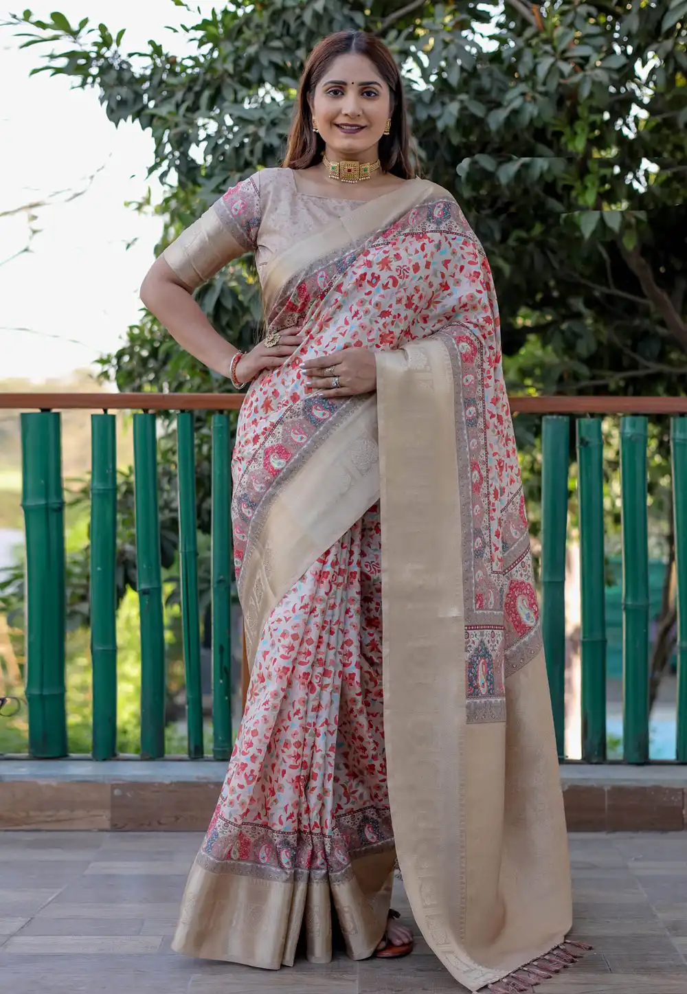 Beige Pashmina Saree With Blouse 294662