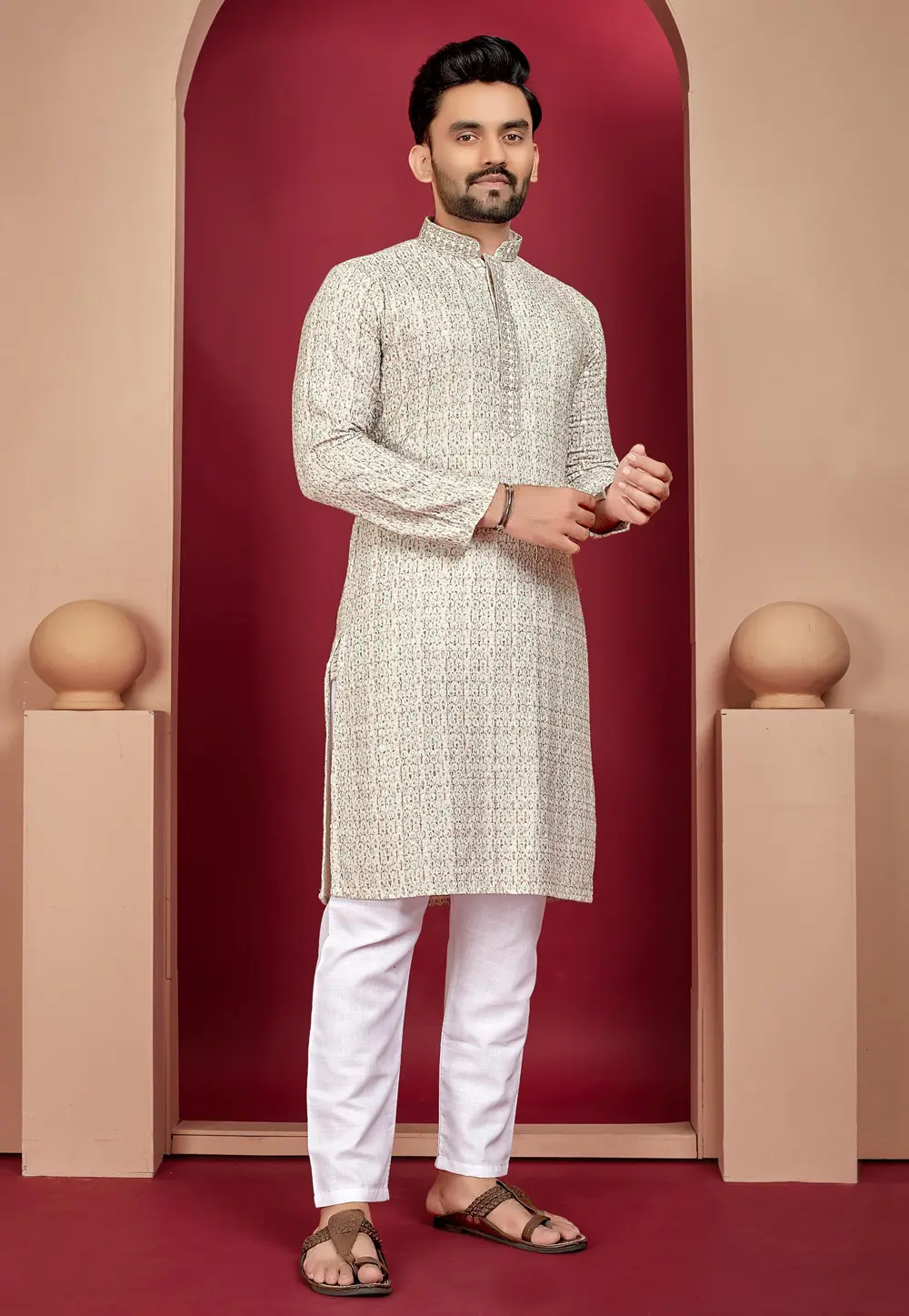 Beige Rayon Kurta Pajama 304272