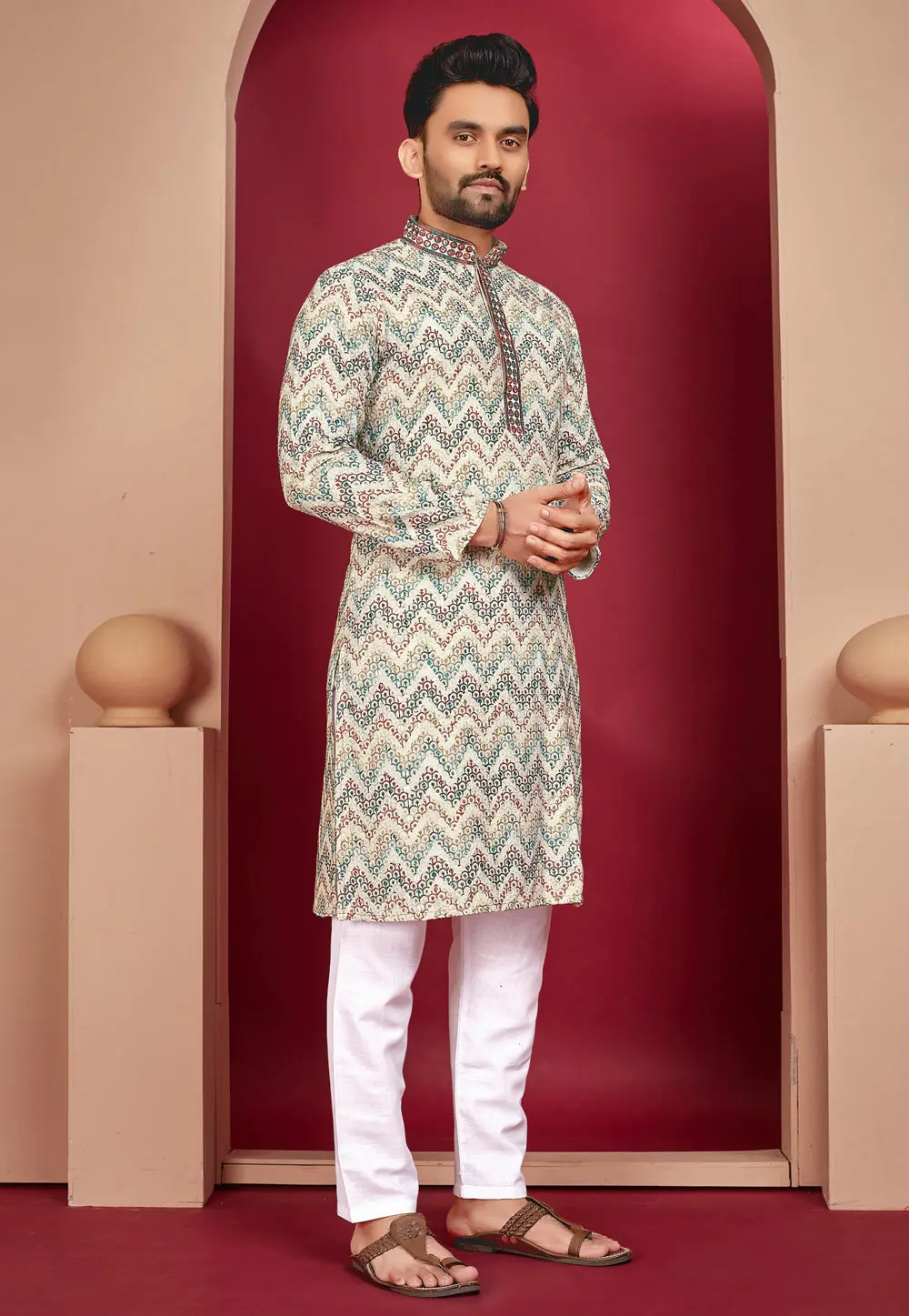 Beige Rayon Kurta Pajama 304273