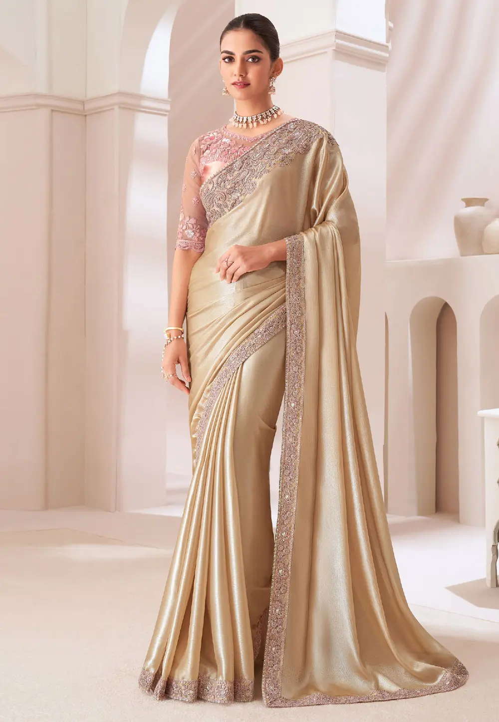 Beige Satin Chiffon Saree With Blouse 299436