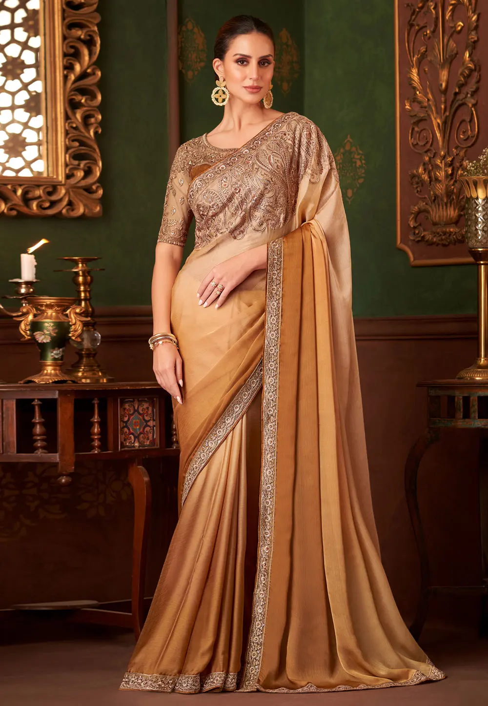 Beige Satin Chiffon Saree With Blouse 301106