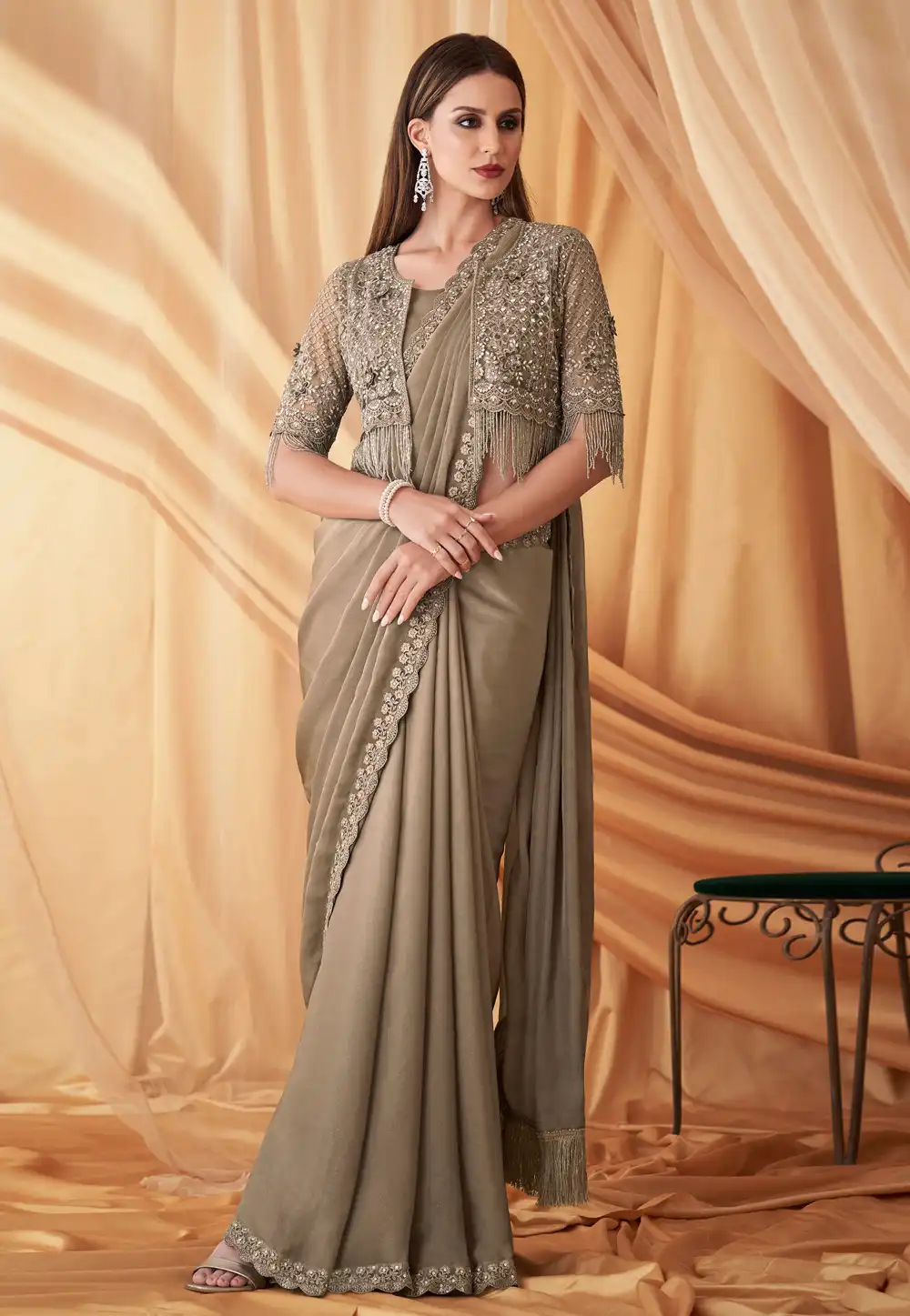 Beige Satin Georgette Designer Saree 289554