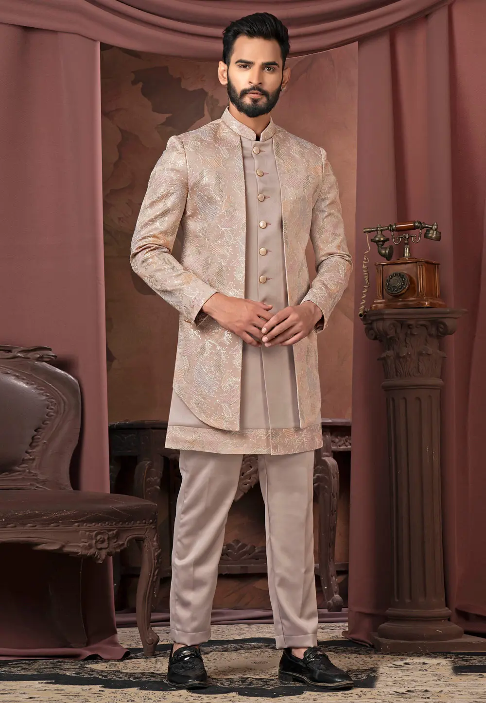 Beige Satin Jacket Style Sherwani 302454