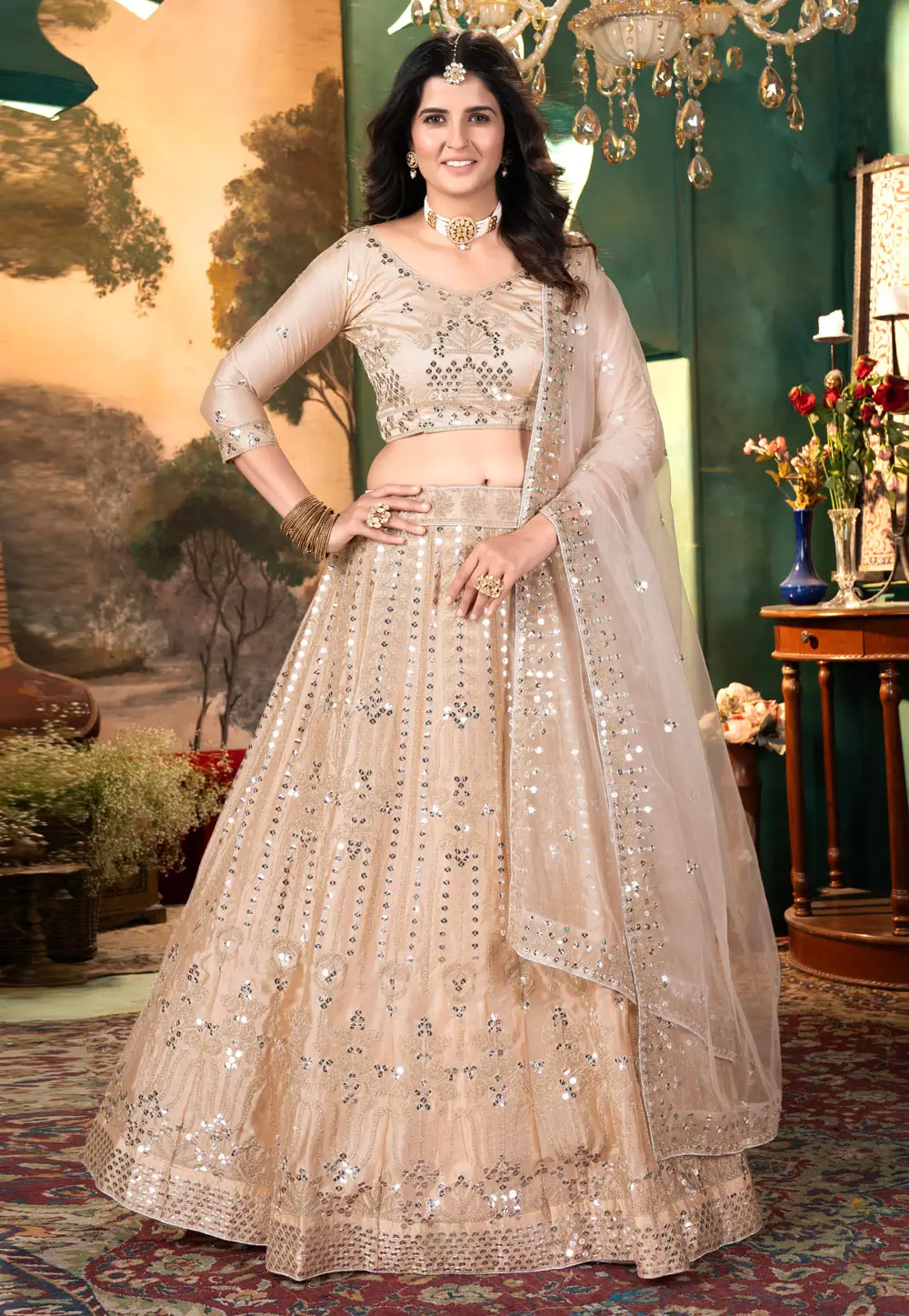 Beige Satin Silk Circular Lehenga Choli 296568