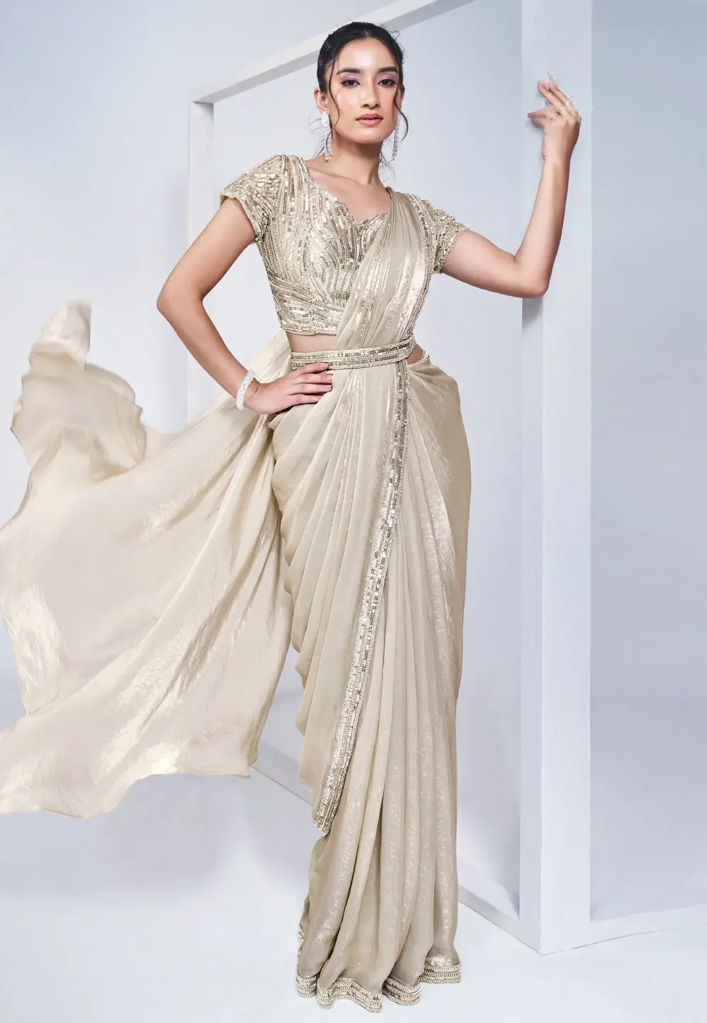 Beige Satin Silk Designer Lehenga Saree 297778