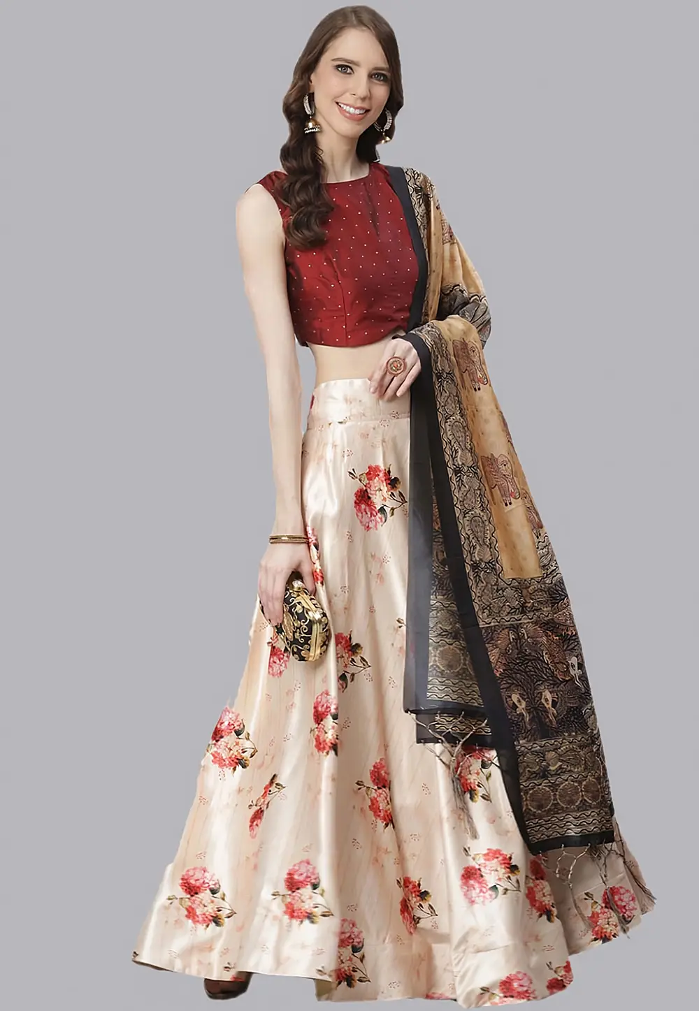 Beige Satin Silk Floral print Lehenga choli 297143