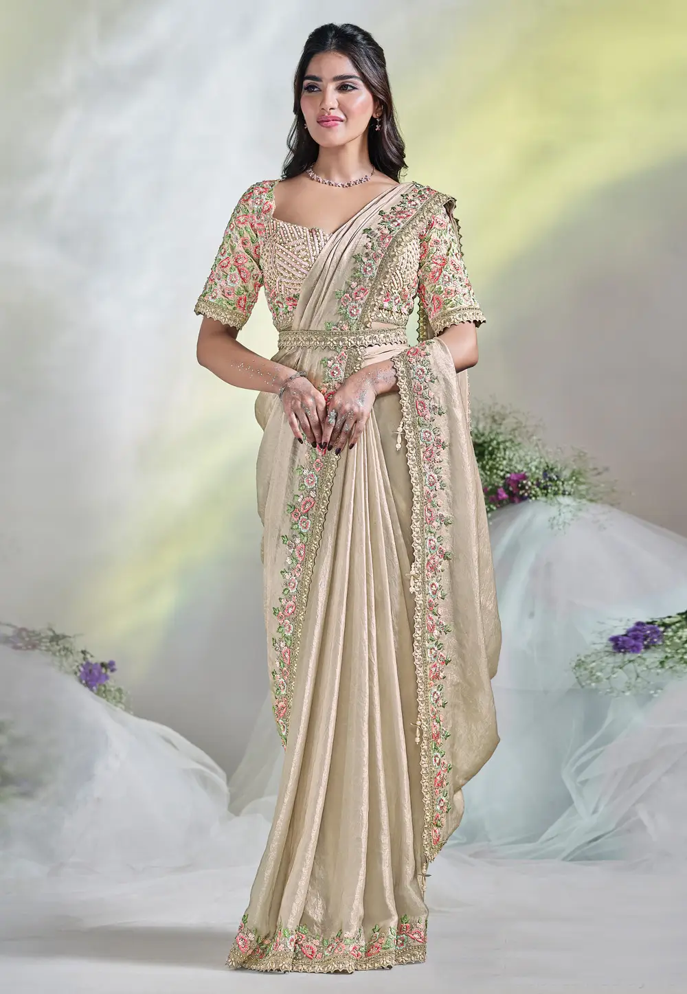 Beige Satin Silk Saree With Blouse 295888