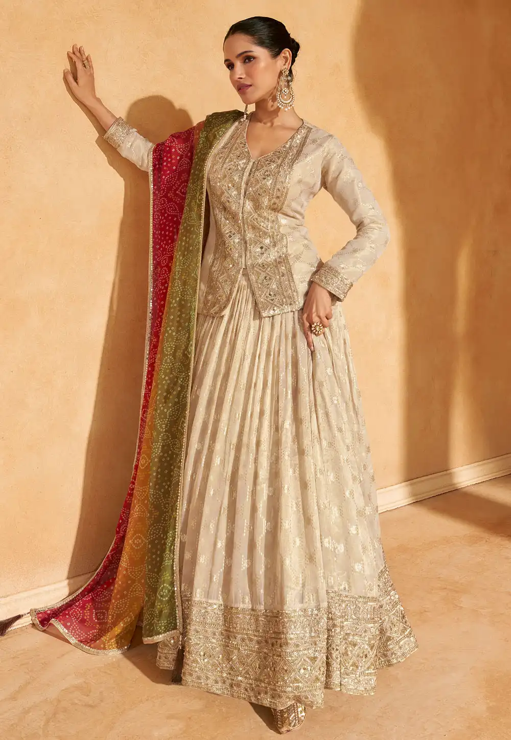 Beige Shimmer Viscose Indo Western Lehenga Choli 294847