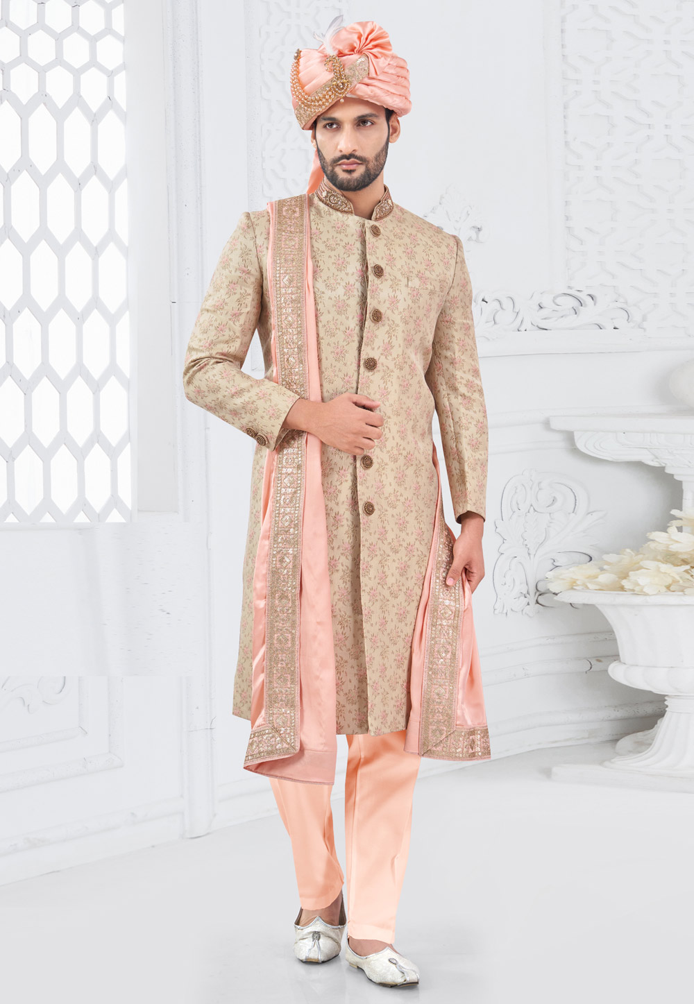 Beige Silk Achkan Style Sherwani 305194