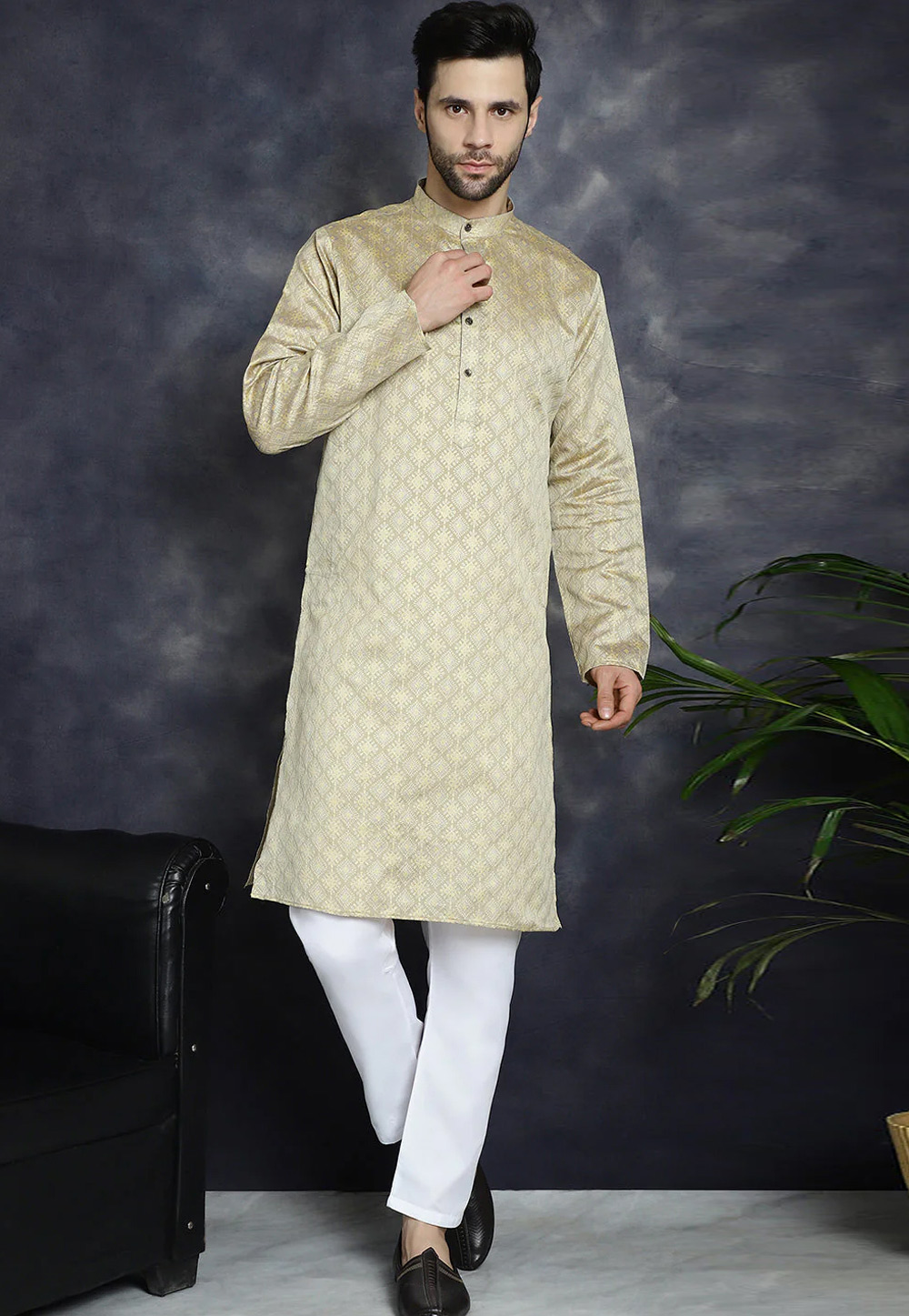 Beige Silk Cotton Kurta Pajama 287490