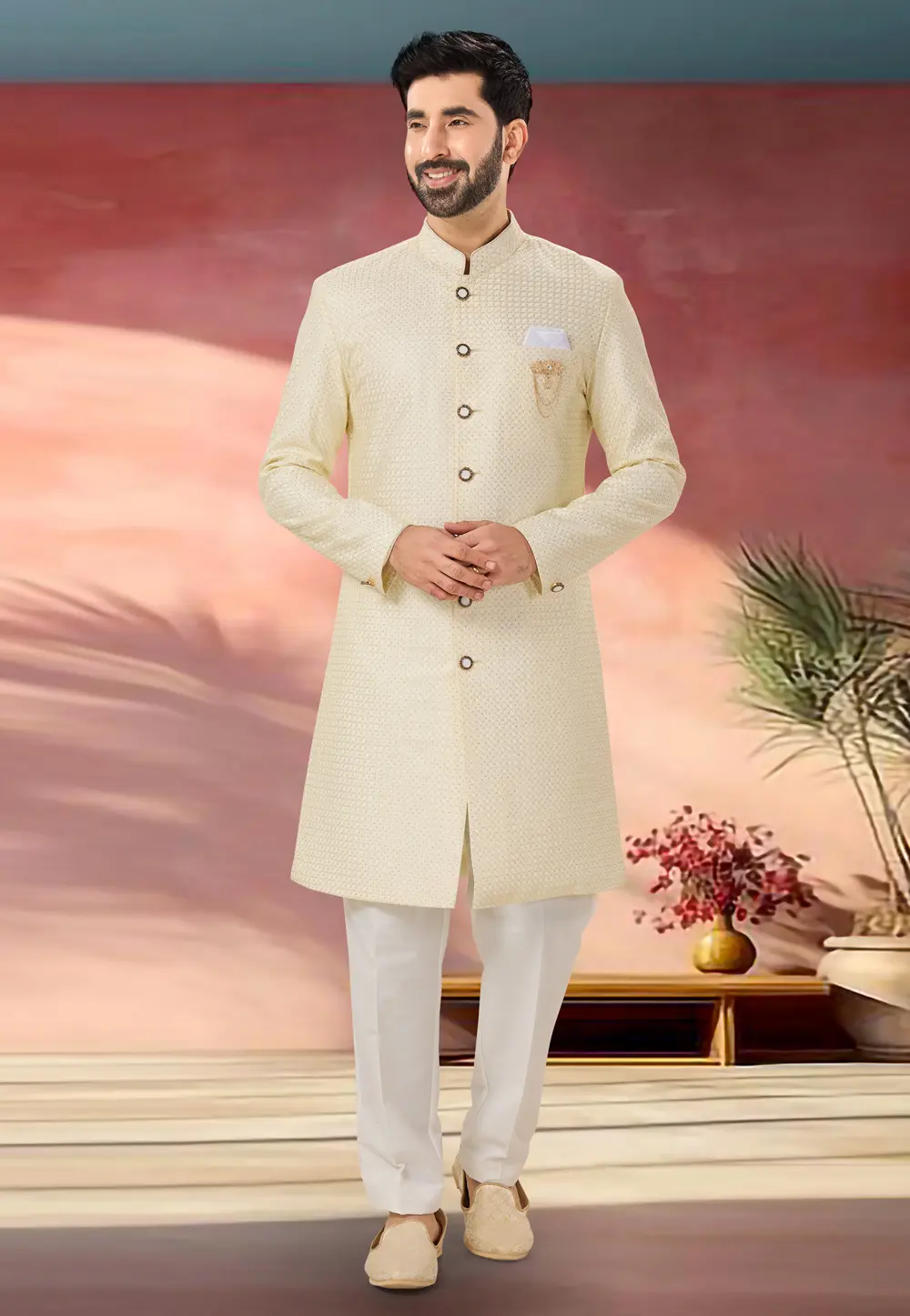 Beige Silk Indo Western Sherwani 301869