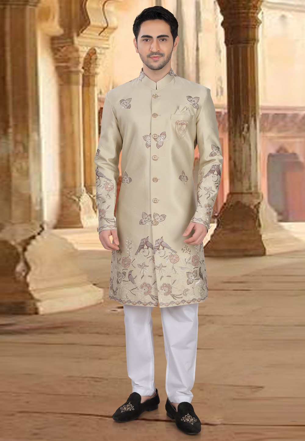 Beige Silk Indo Western Sherwani 309075