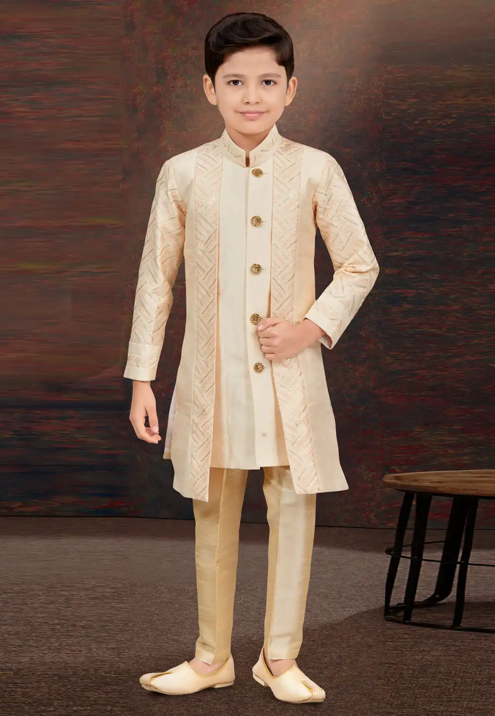 Beige Silk Kids Indo Western Suit 294939