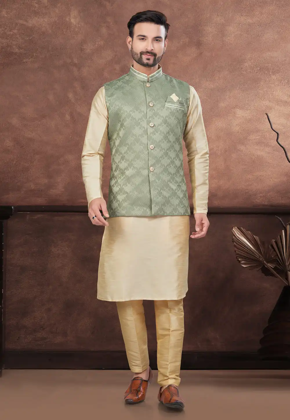 Beige Silk Kurta Pajama With Jacket 294594