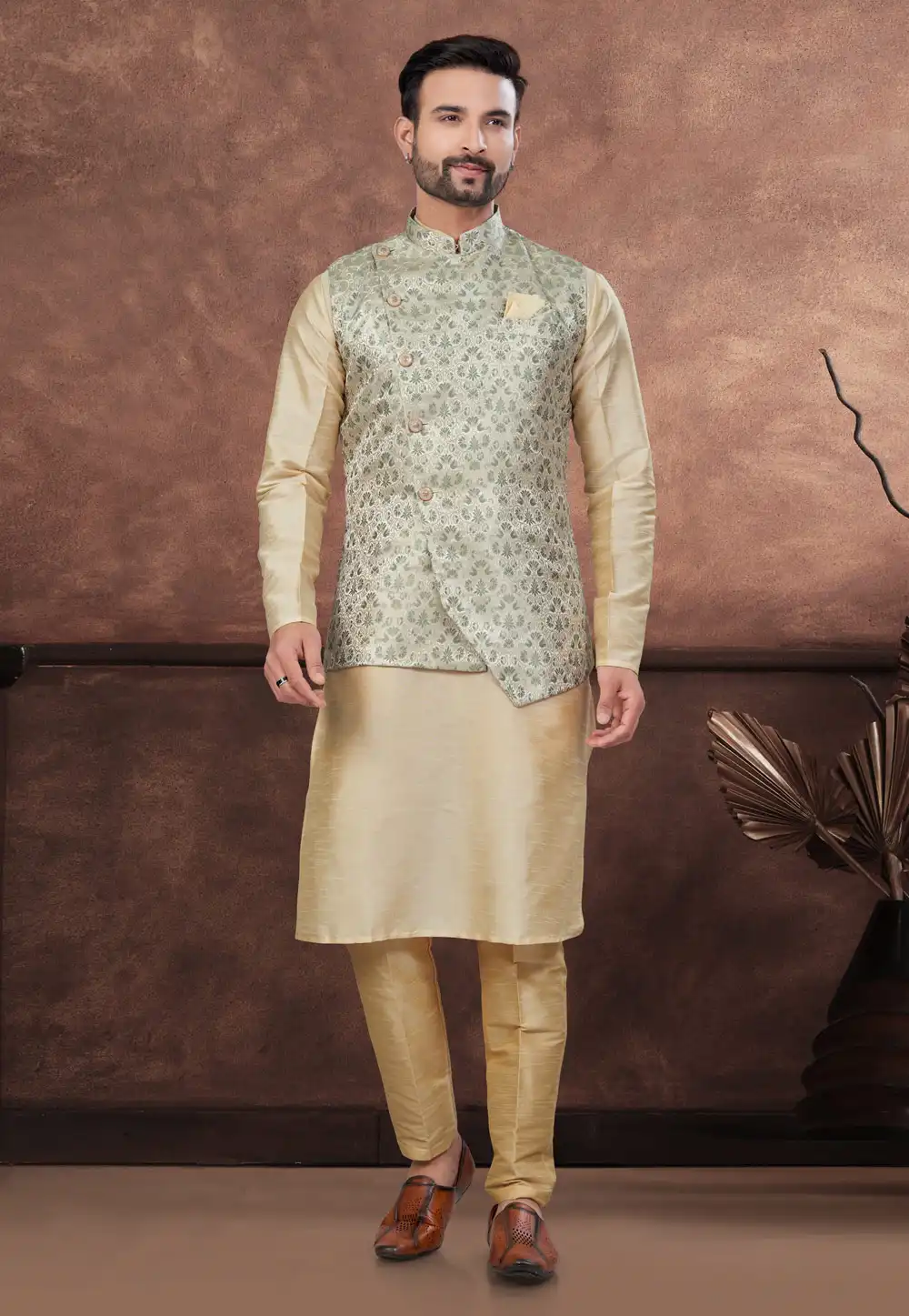 Beige Silk Kurta Pajama With Jacket 294595