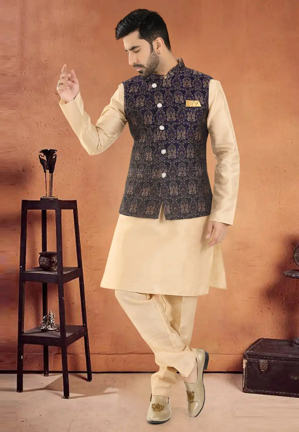 Beige Silk Kurta Pajama With Jacket 290599