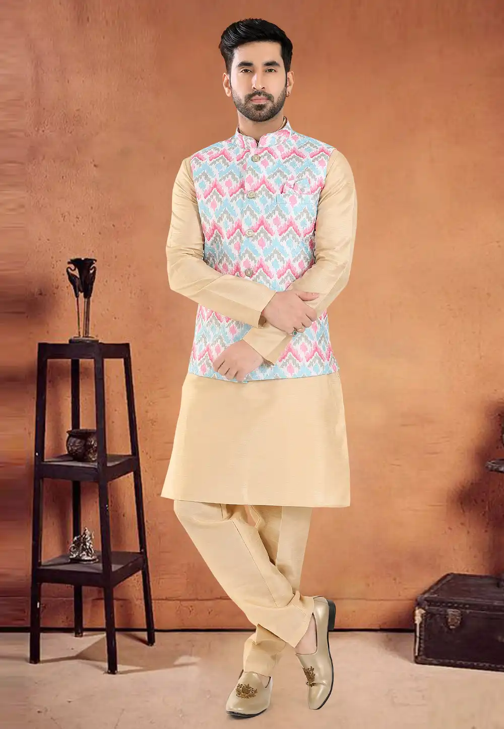 Beige Silk Kurta Pajama With Jacket 290604