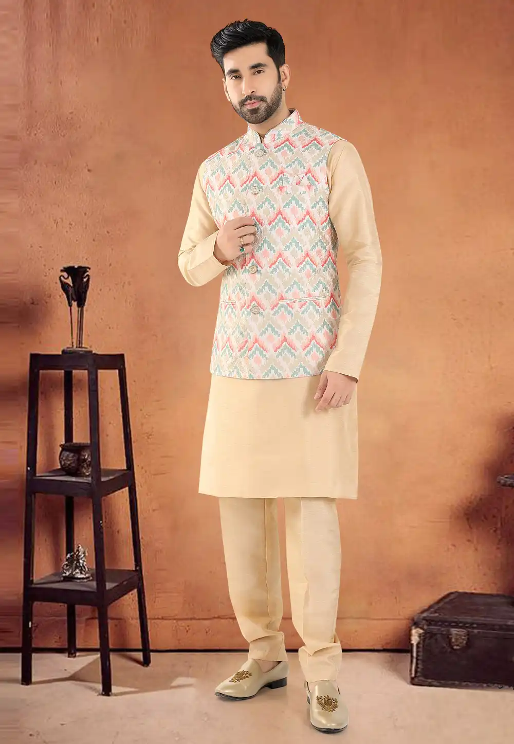 Beige Silk Kurta Pajama With Jacket 290605