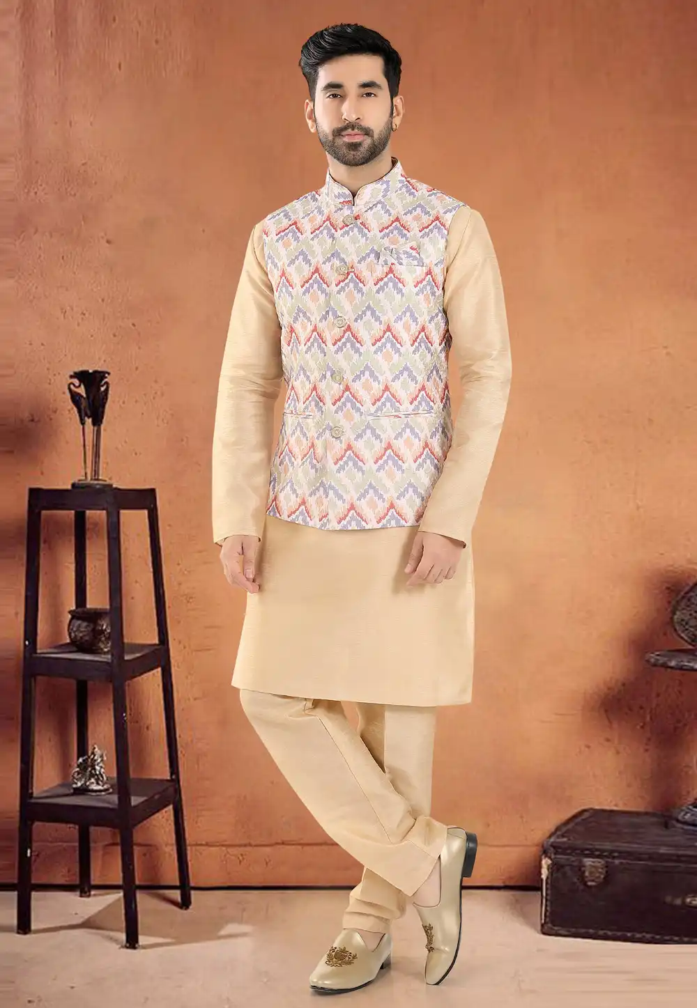 Beige Silk Kurta Pajama With Jacket 290606