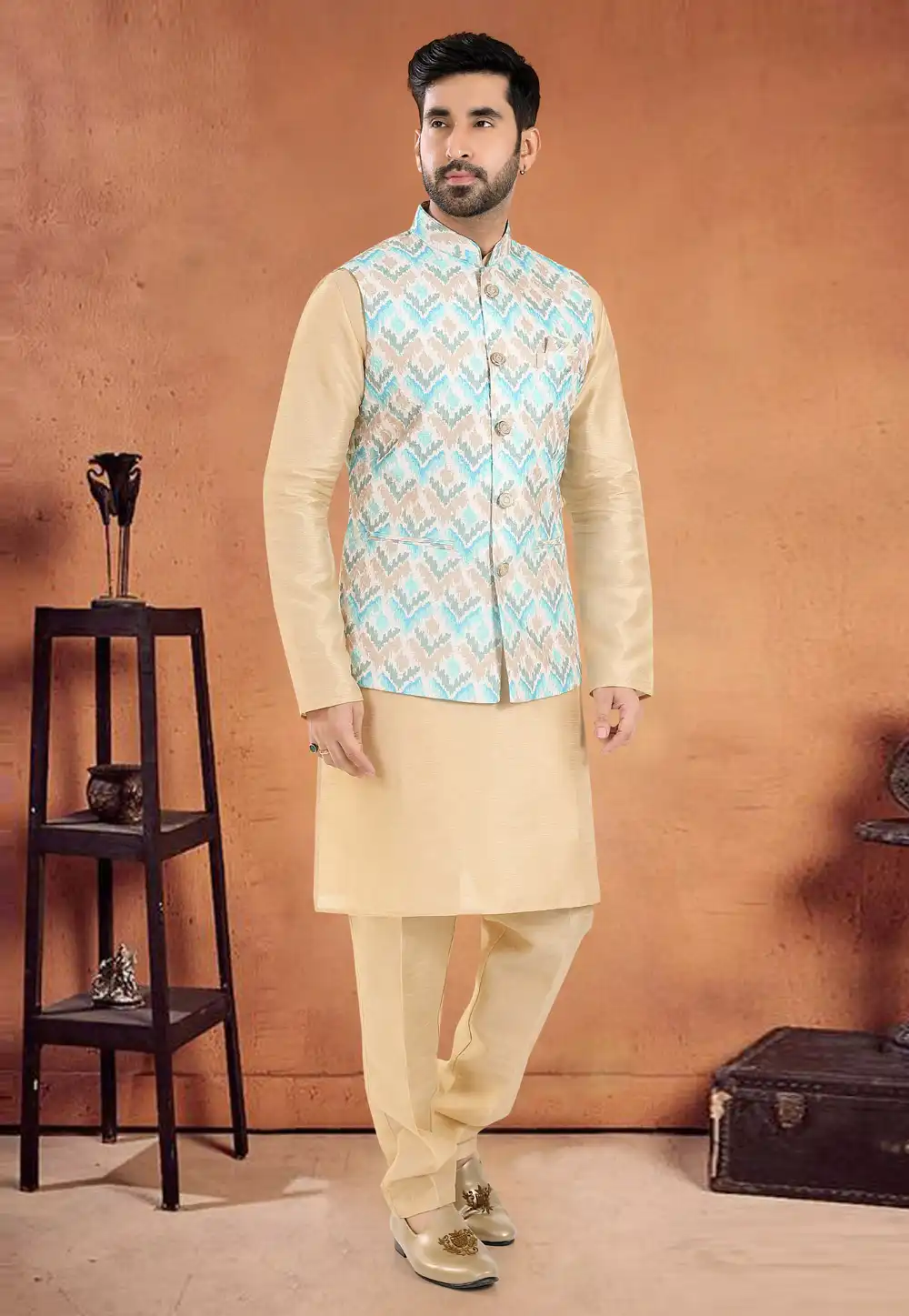 Beige Silk Kurta Pajama With Jacket 290607