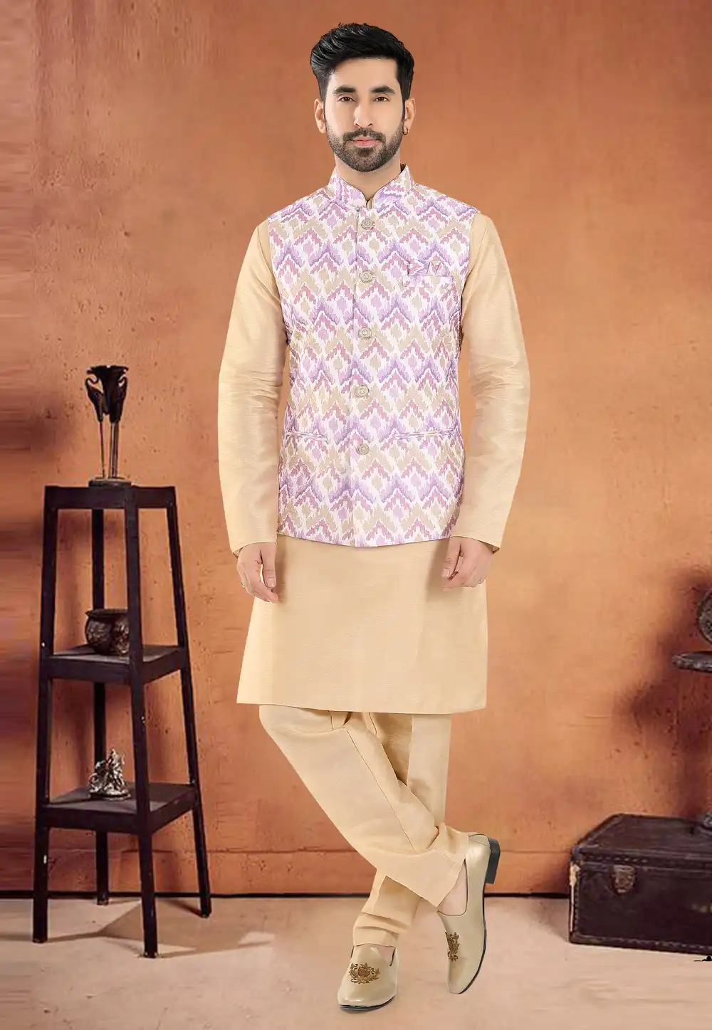 Beige Silk Kurta Pajama With Jacket 290611