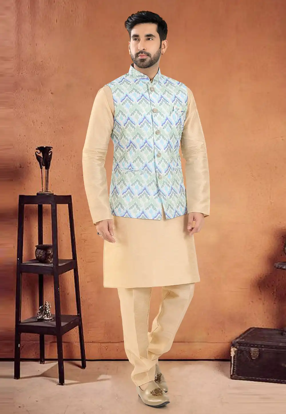 Beige Silk Kurta Pajama With Jacket 290612