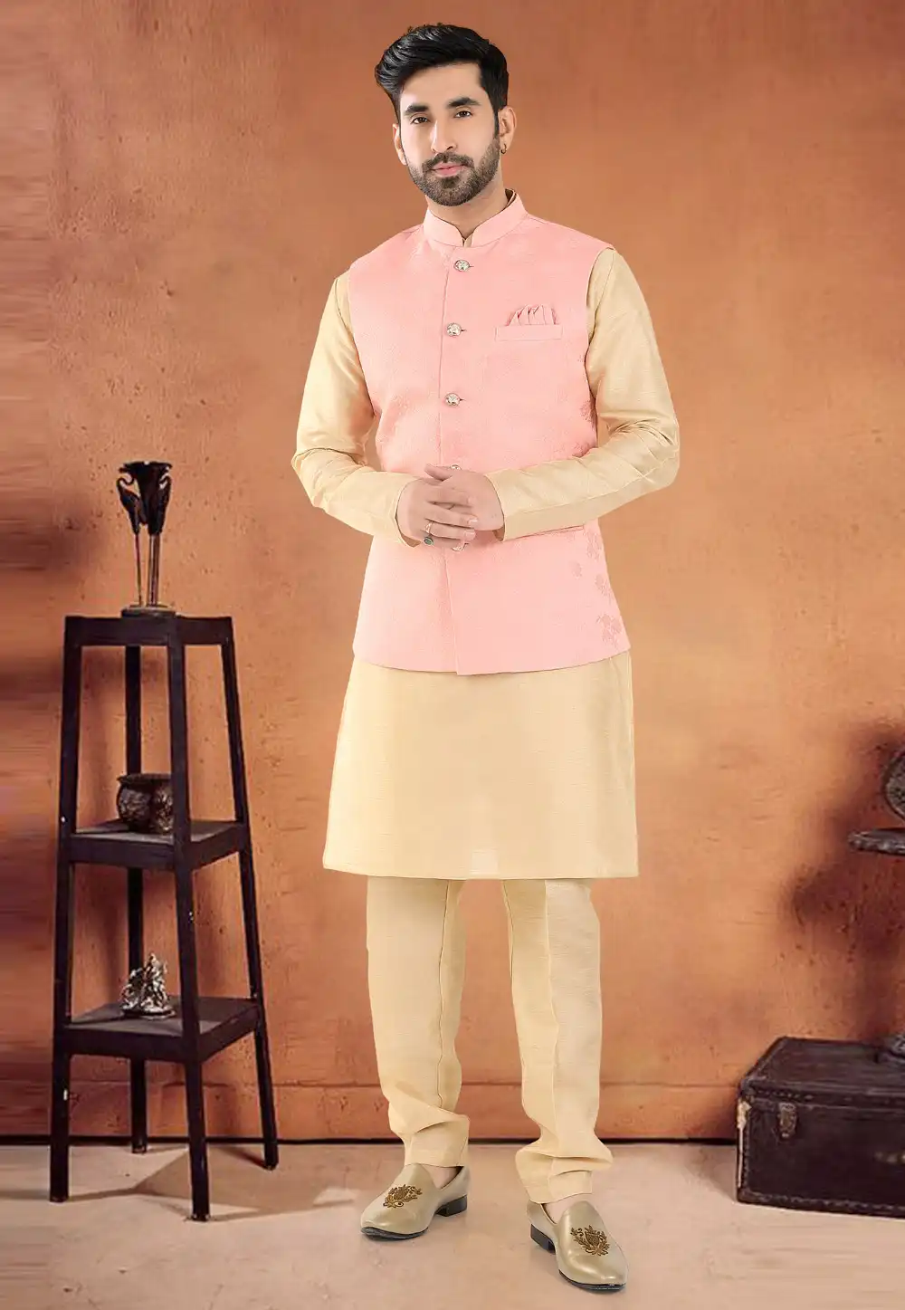 Beige Silk Kurta Pajama With Jacket 290613