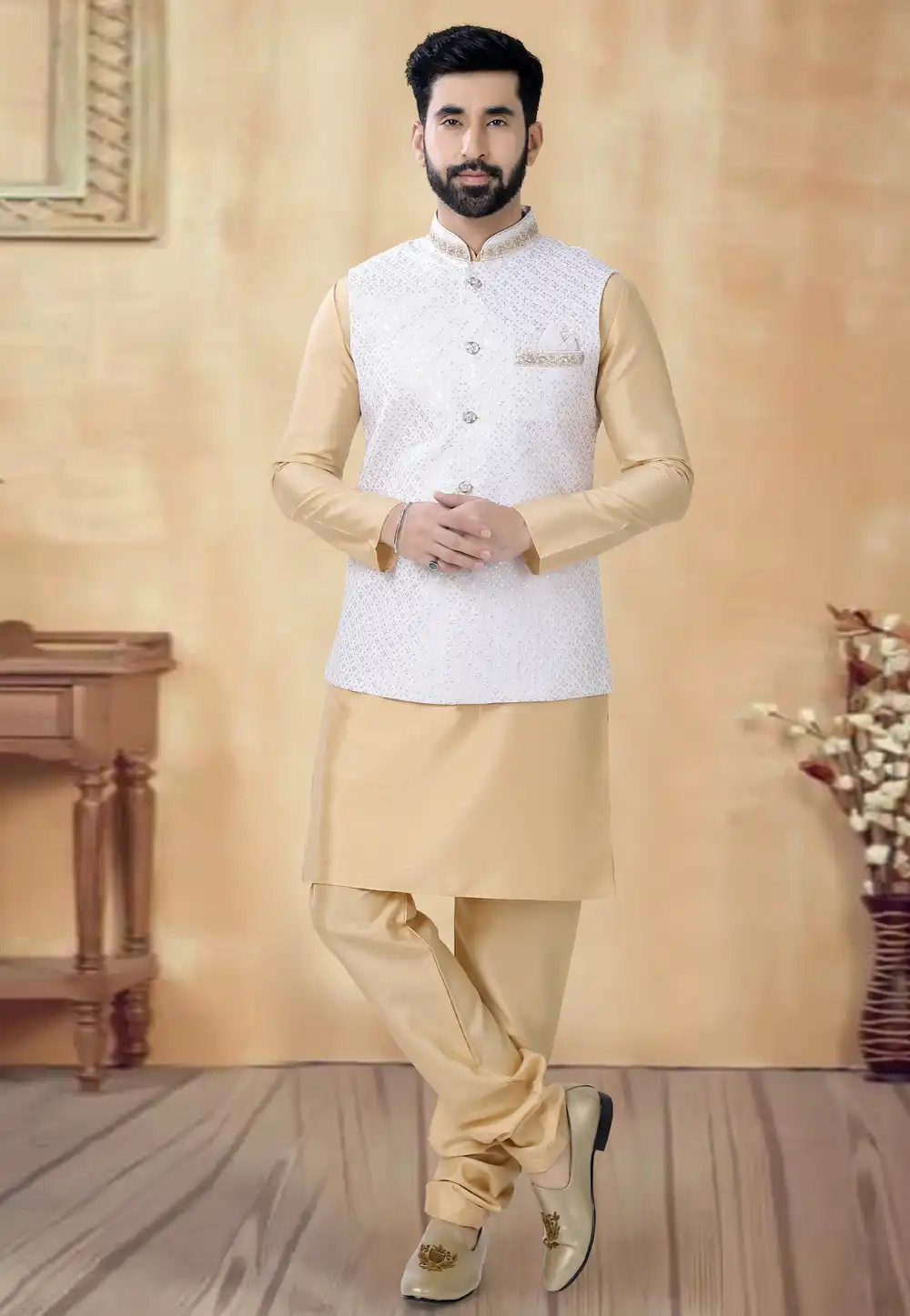 Beige Silk Kurta Pajama With Jacket 292378