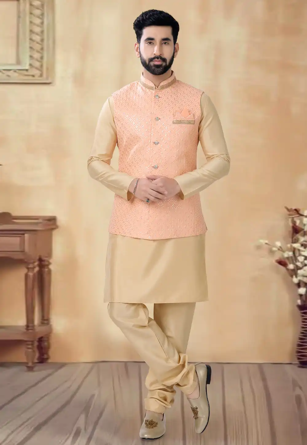 Beige Silk Kurta Pajama With Jacket 292380