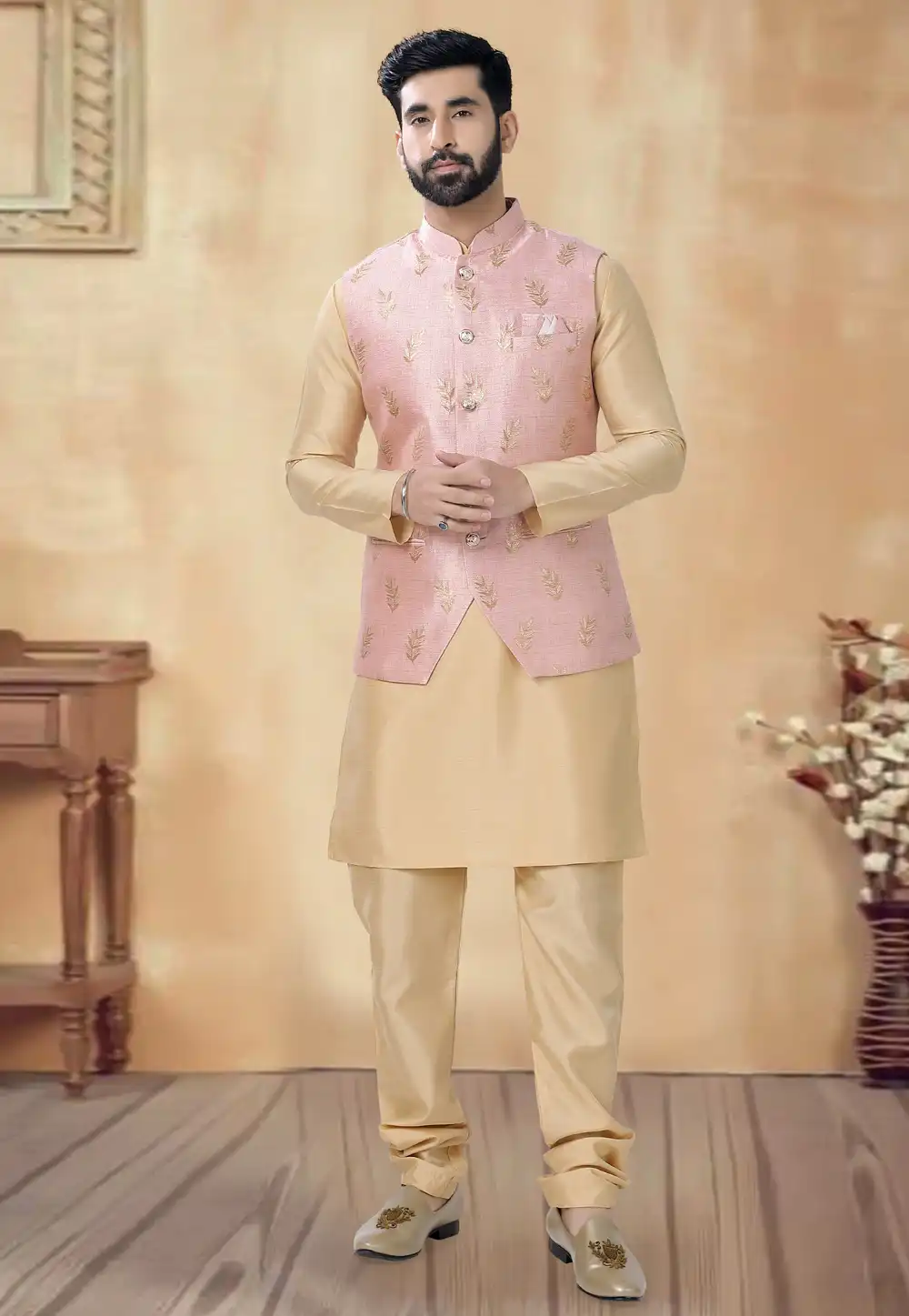 Beige Silk Kurta Pajama With Jacket 292382