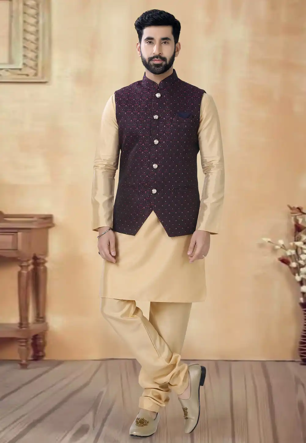 Beige Silk Kurta Pajama With Jacket 292383