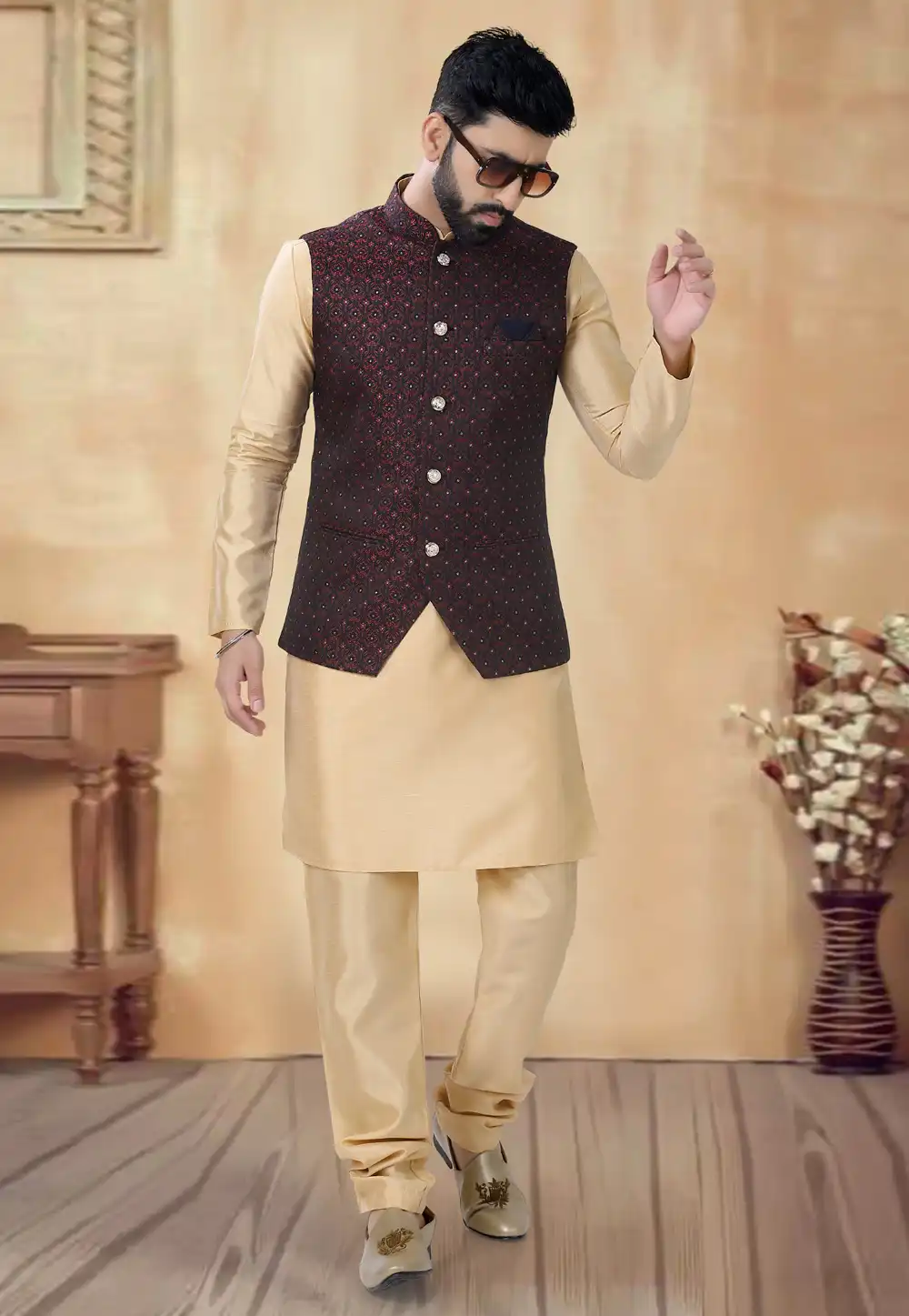 Beige Silk Kurta Pajama With Jacket 292384