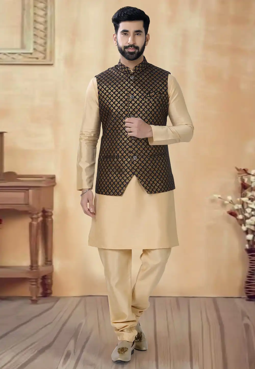 Beige Silk Kurta Pajama With Jacket 292386