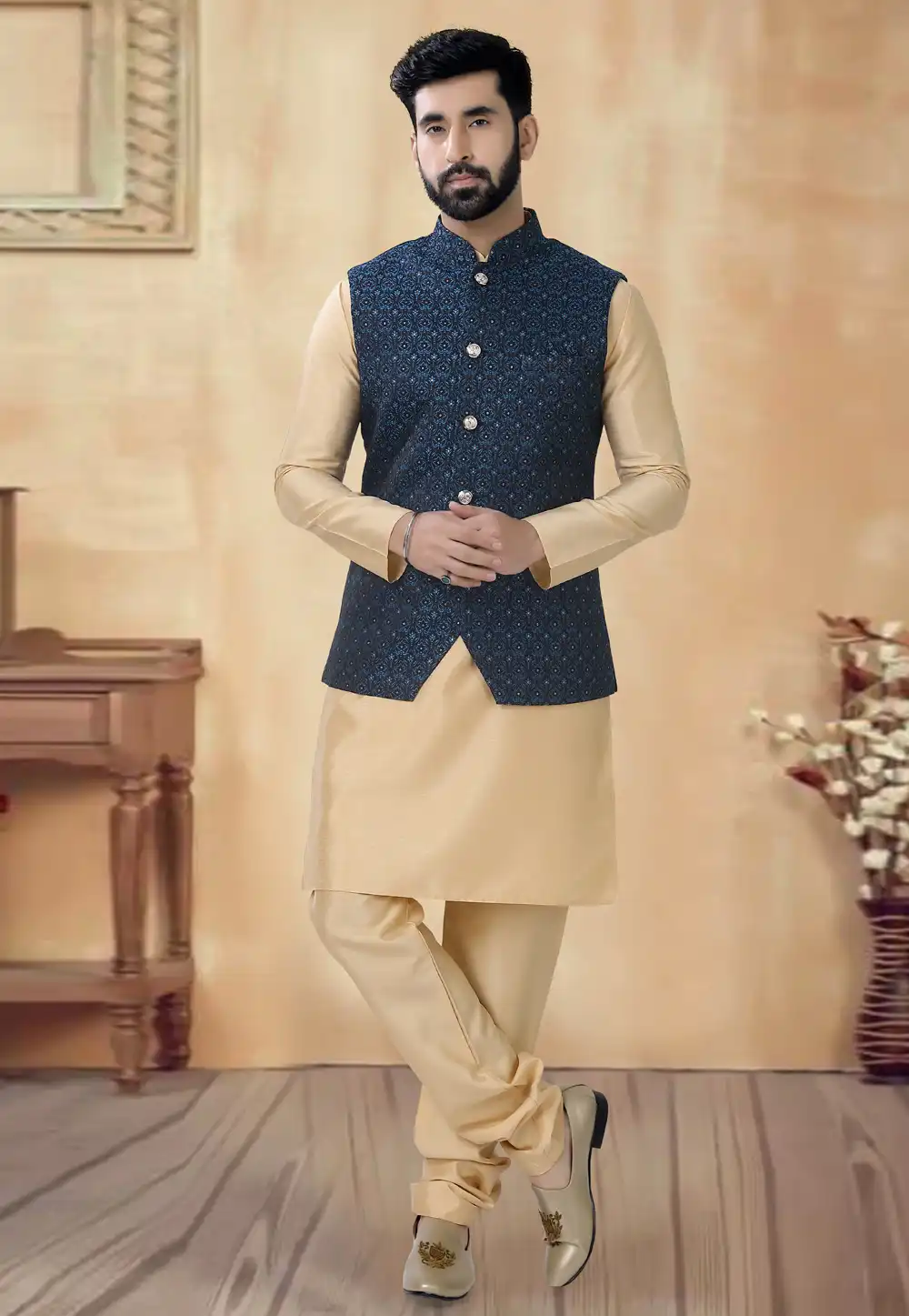 Beige Silk Kurta Pajama With Jacket 292387