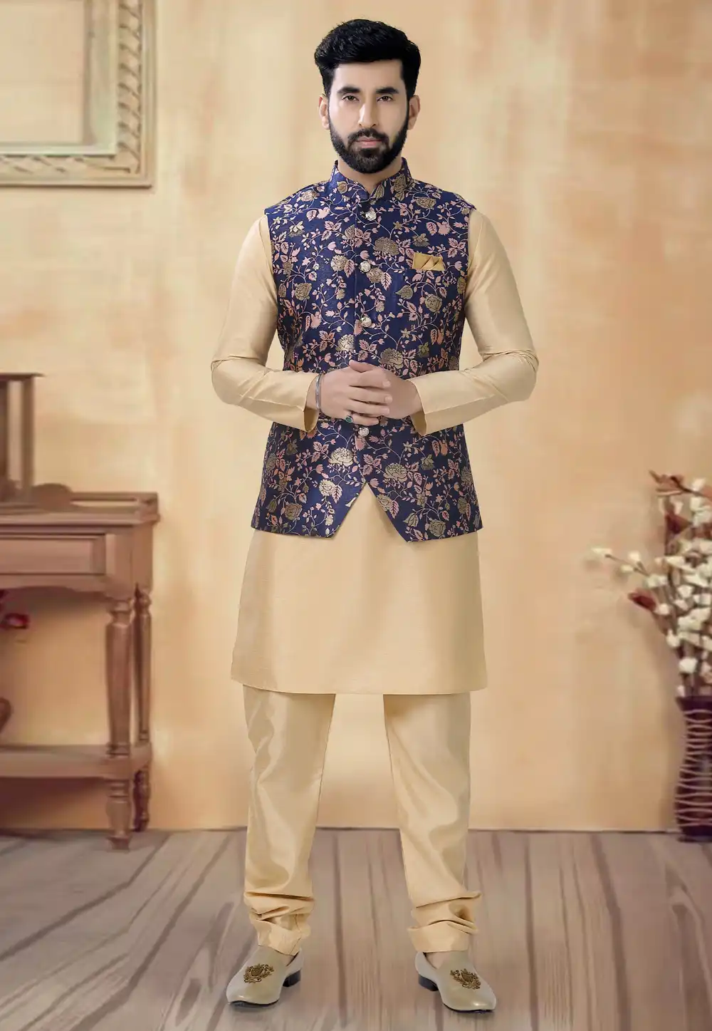 Beige Silk Kurta Pajama With Jacket 292388