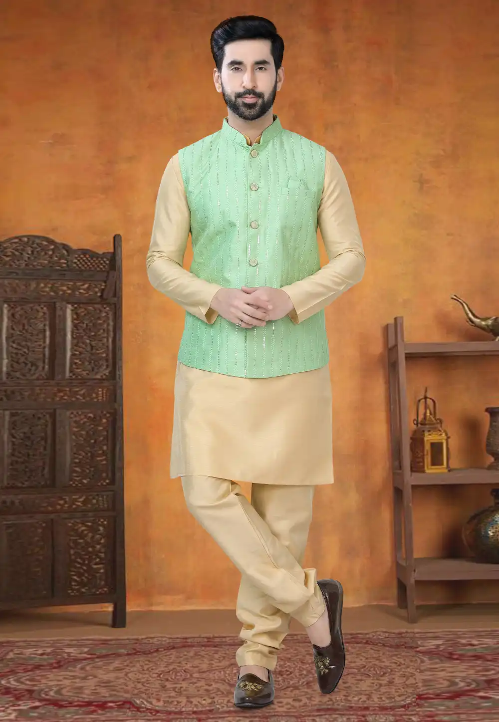 Beige Silk Kurta Pajama With Jacket 295031