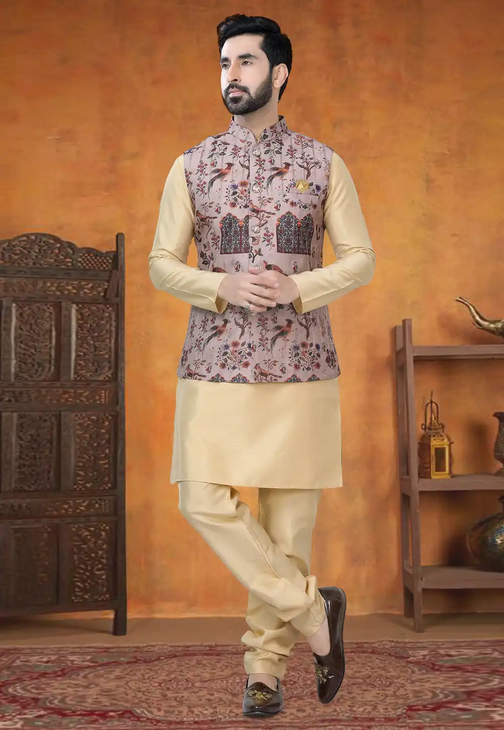 Beige Silk Kurta Pajama With Jacket 295032