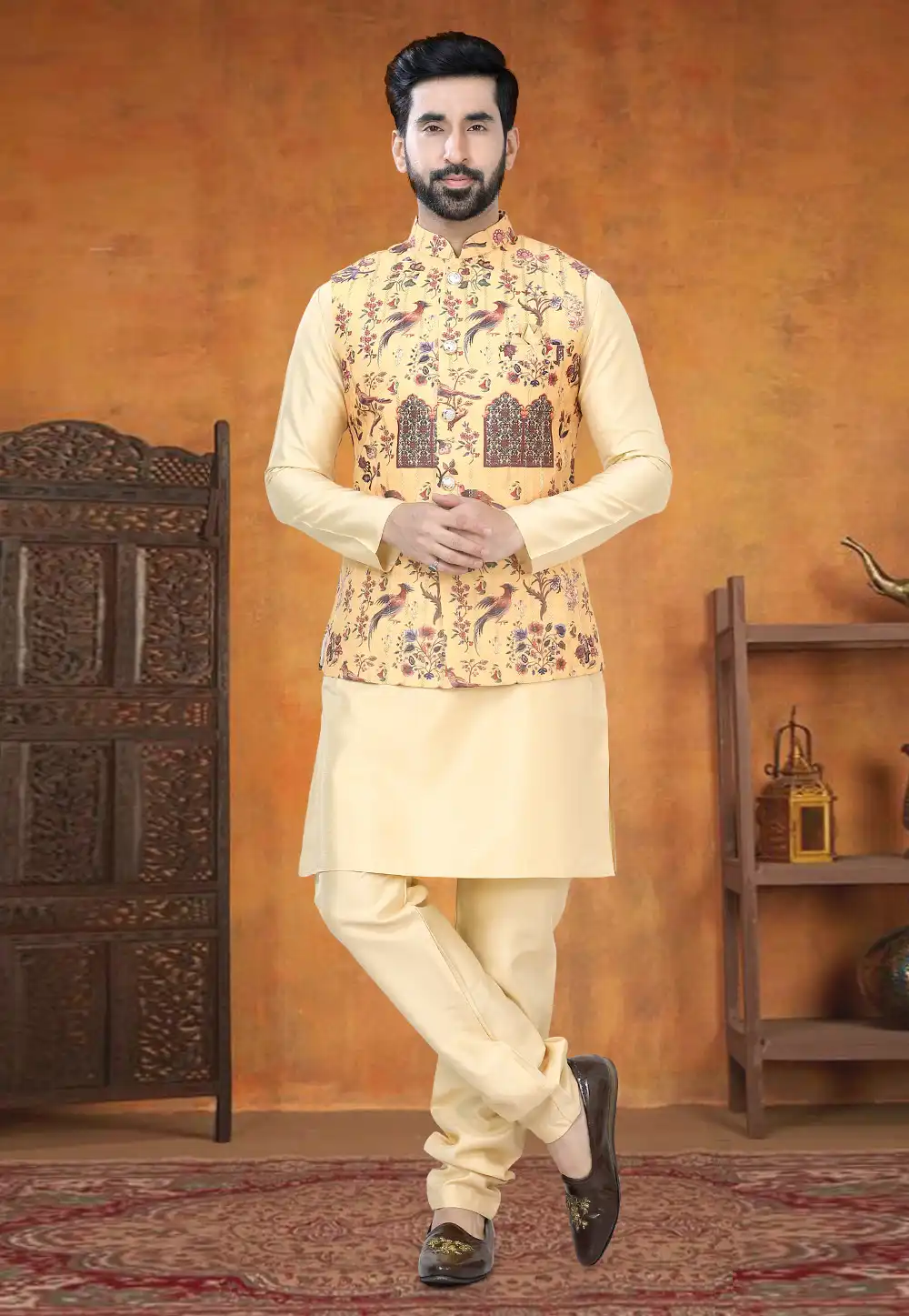 Beige Silk Kurta Pajama With Jacket 295033