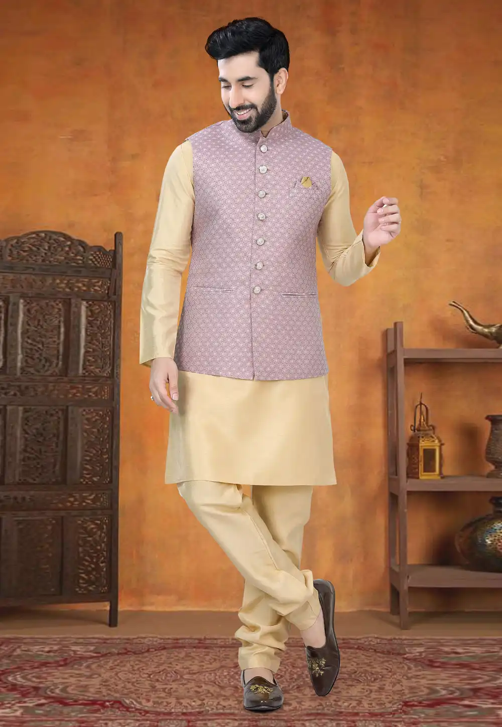 Beige Silk Kurta Pajama With Jacket 295034