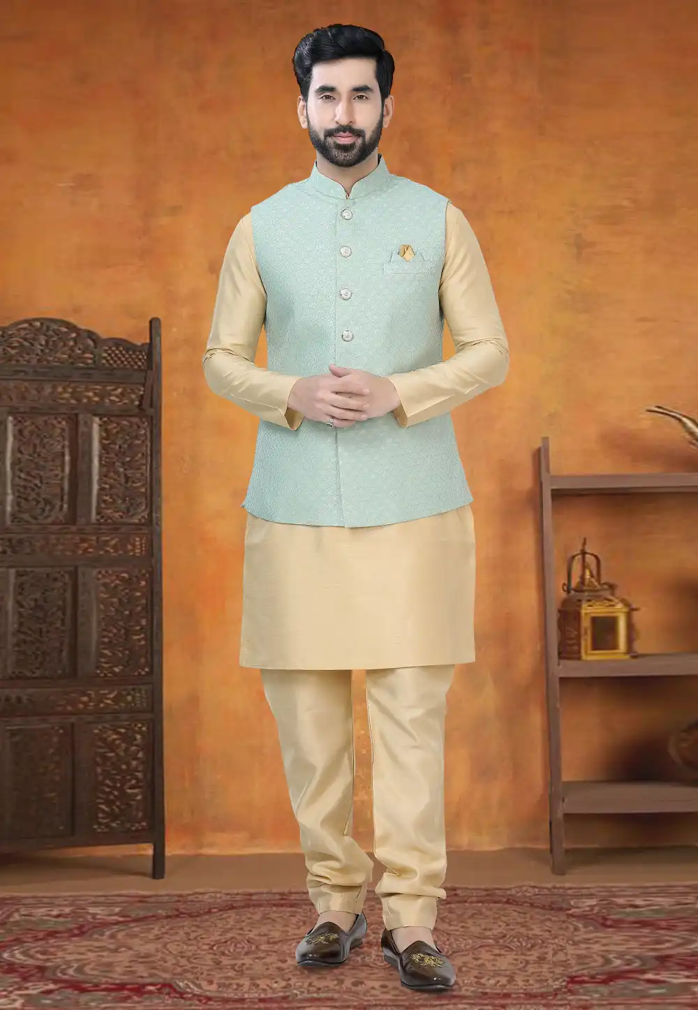 Beige Silk Kurta Pajama With Jacket 295035