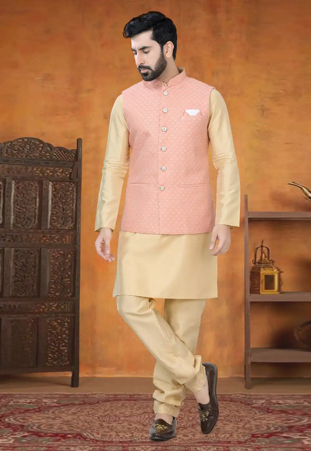 Beige Silk Kurta Pajama With Jacket 295036