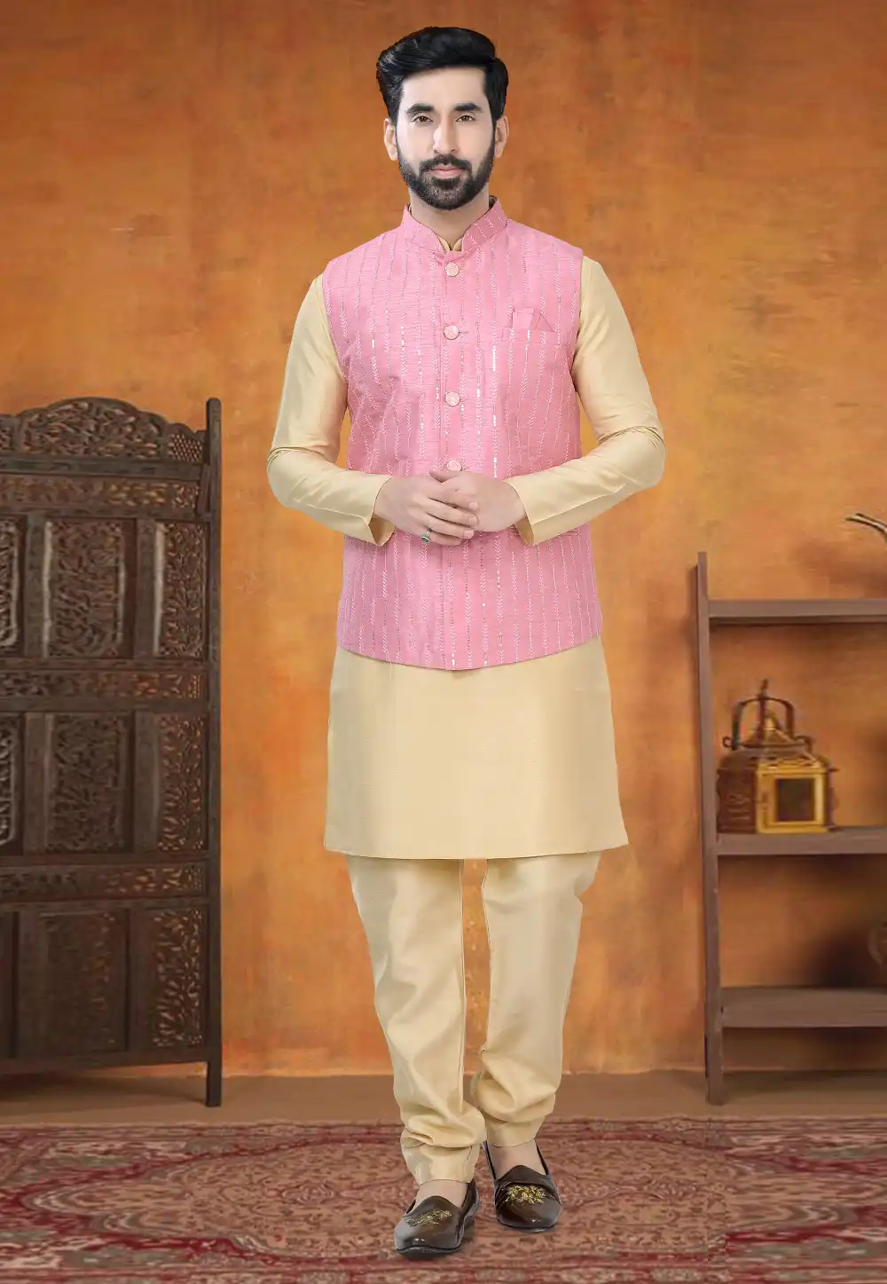 Beige Silk Kurta Pajama With Jacket 295037