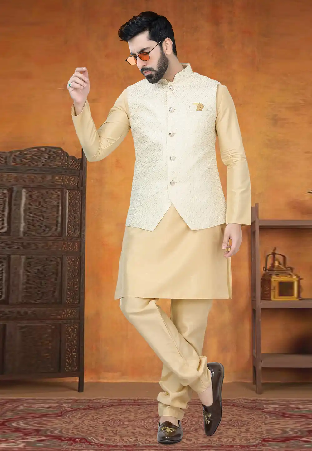 Beige Silk Kurta Pajama With Jacket 295038