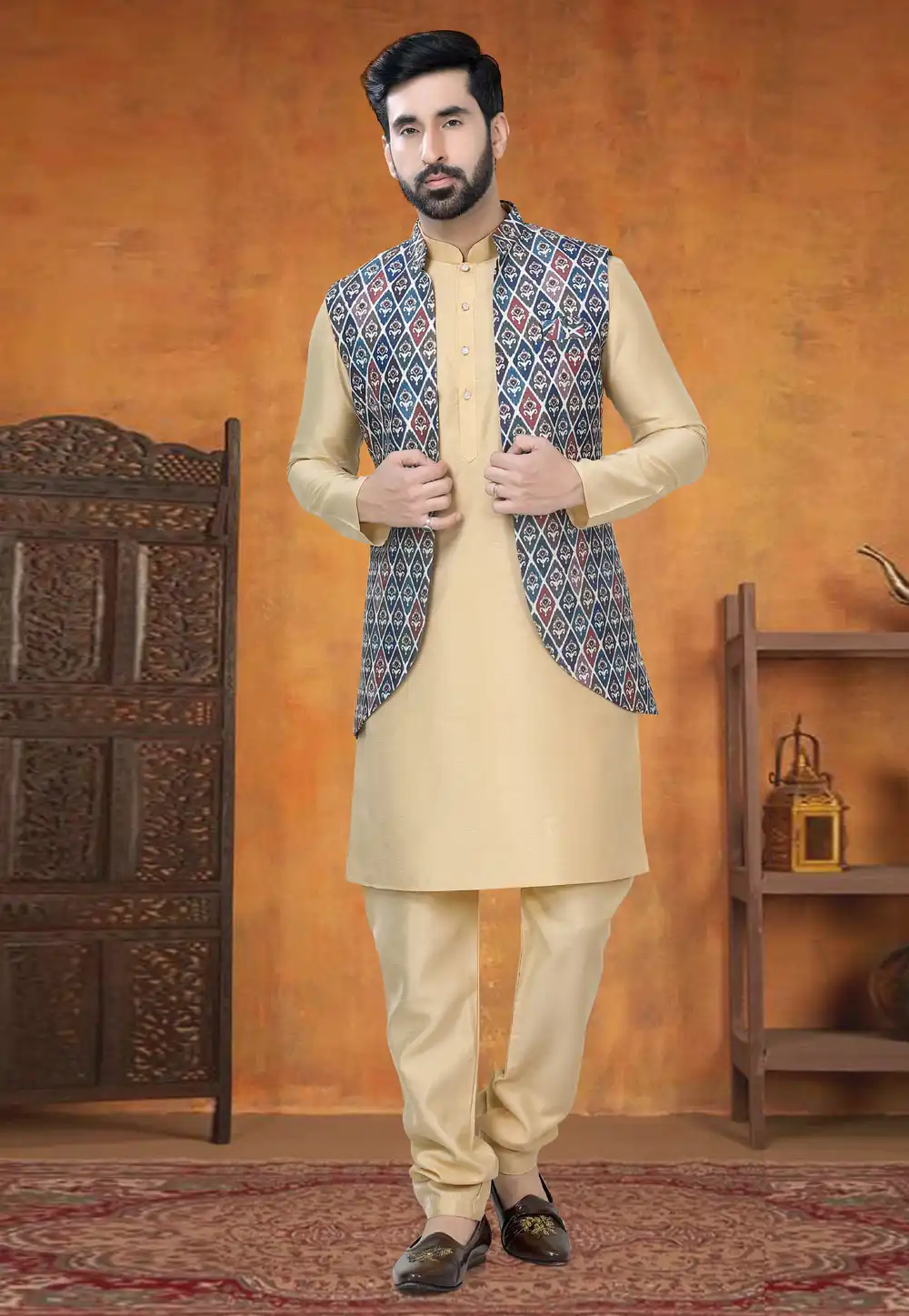 Beige Silk Kurta Pajama With Jacket 295039