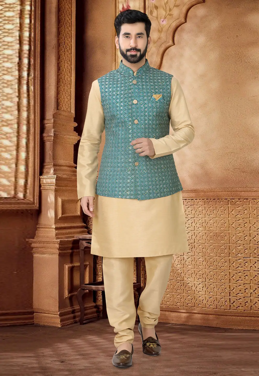 Beige Silk Kurta Pajama With Jacket 296941