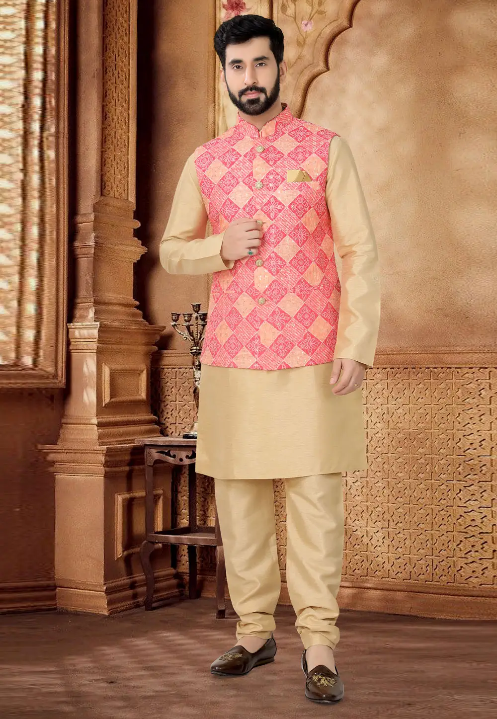 Beige Silk Kurta Pajama With Jacket 296942