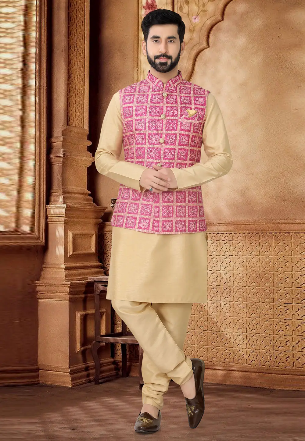 Beige Silk Kurta Pajama With Jacket 296944