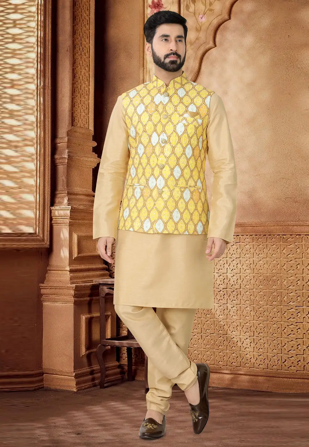 Beige Silk Kurta Pajama With Jacket 296945