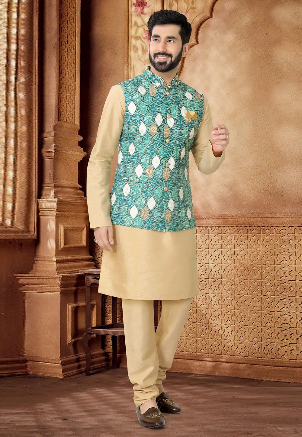 Beige Silk Kurta Pajama With Jacket 296946