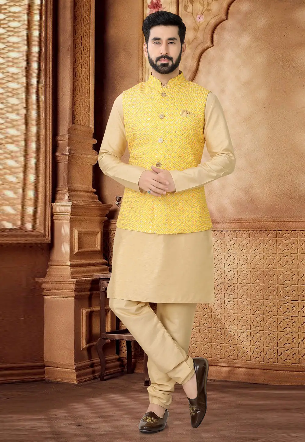 Beige Silk Kurta Pajama With Jacket 296947